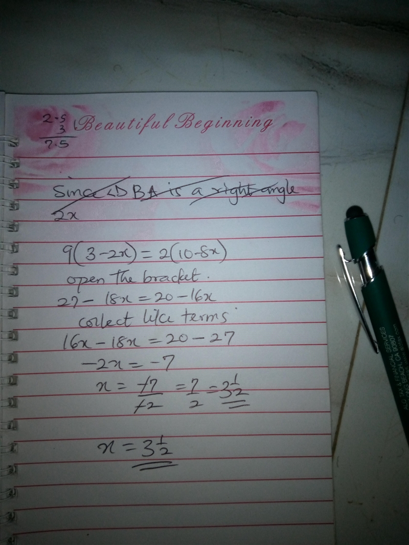 What does 9(3-2x)=2(10-8x equal to-example-1