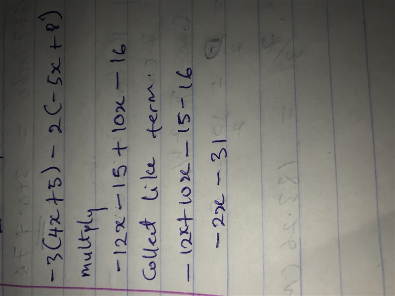 Simplify the expression-3(4x+5) - 2 (-5x + 8)-example-1