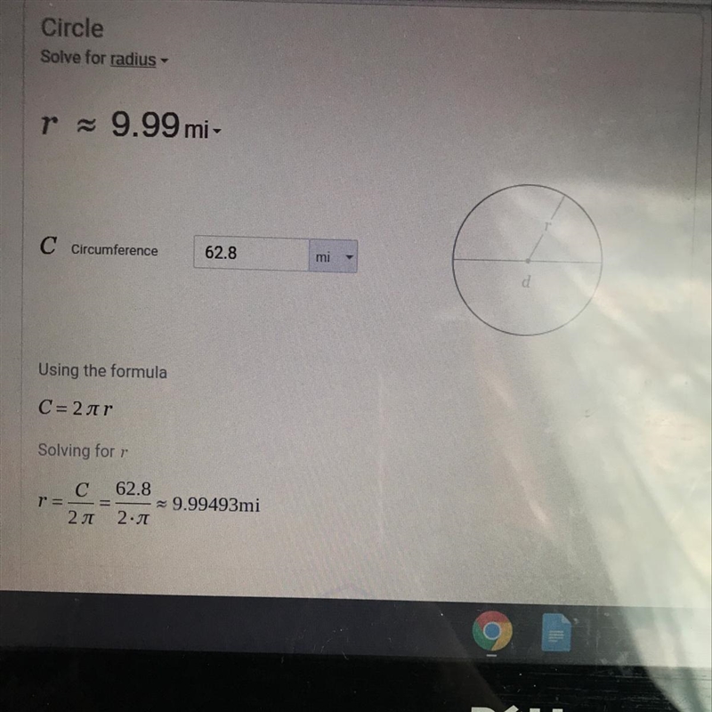 The circumference of a circle is 62.8mi.find the radius-example-1