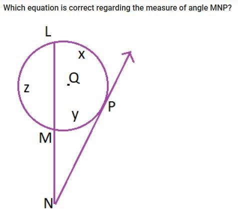 Which equation is correct regarding the measure of ∠MNP? m∠MNP = (x – y) m∠MNP = (x-example-1