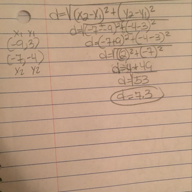 Distance between (-9,3) and (-7-4)-example-1