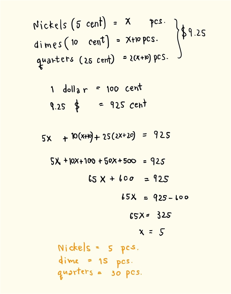 Sarah has a collection of nickels, dimes, and quarters worth $9.25. She has 10 more-example-1