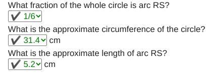 What fraction of the whole circle is arc RS? What is the approximate circumference-example-1