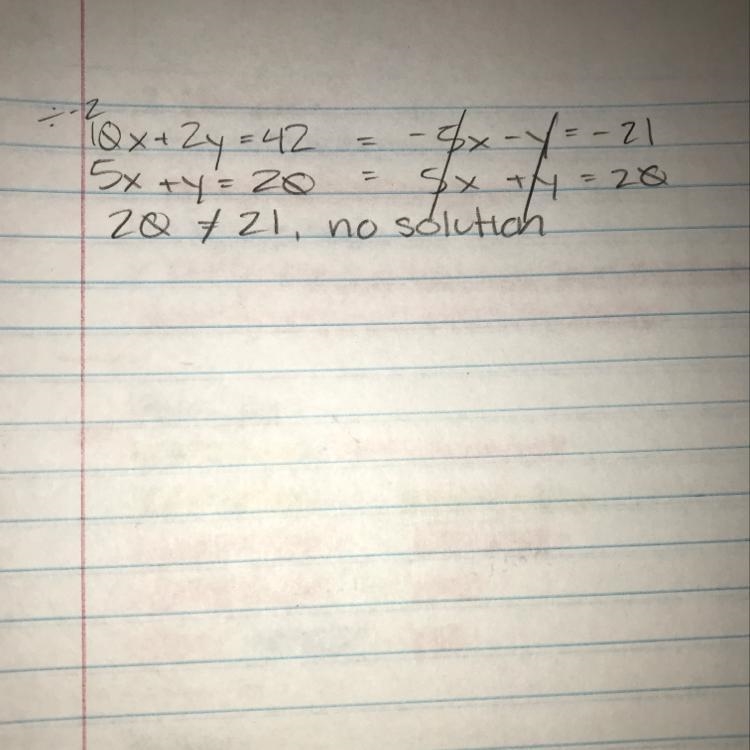 10) Solve using any method 10x+2y=42 5x+y=20-example-1