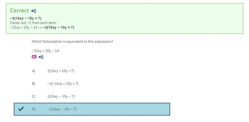 Which factorization is equivalent to this expression? −32xy + 20y − 14 A) 2(16xy + 10y-example-1