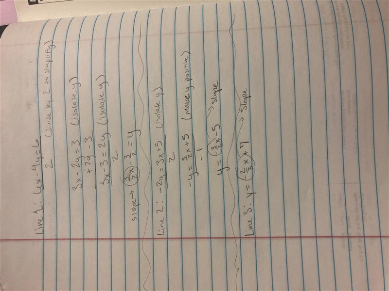 The equations of three lines are given below. Line 1: 6x-4y=6 Line 2: -2y=3x+5 Line-example-1