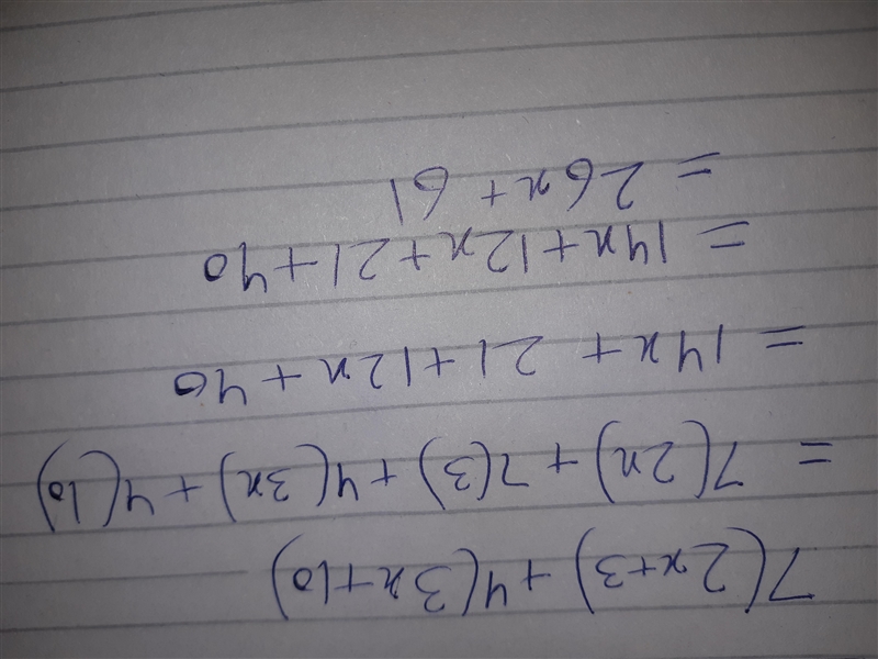 Expand and simplify. 7(2x+3) + 4(3x + 10)-example-1