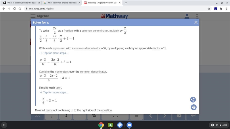 What is the solution to the equation One-half x + 3 = two-thirds x + 1?-example-4