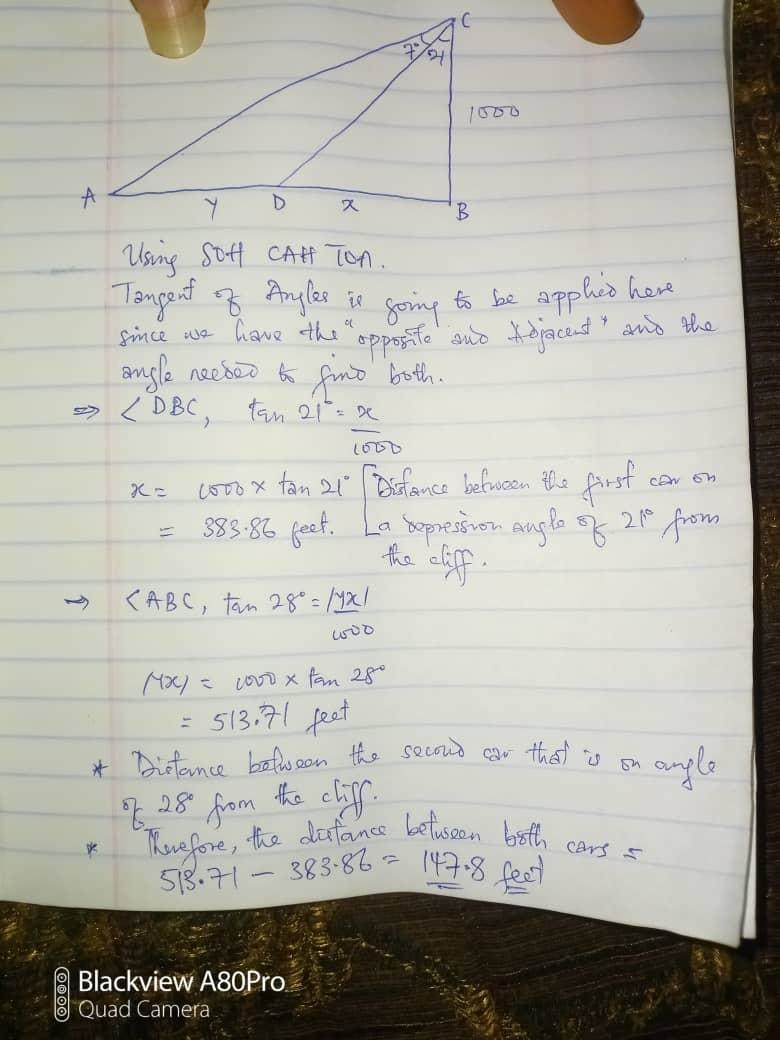From the edge of a 1000-foot cliff, the angles of depression to two cars in the valley-example-1