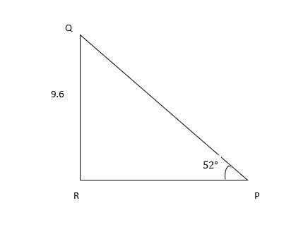 In ΔPQR, the measure of ∠R=90°, the measure of ∠P=52°, and QR = 9.6 feet. Find the-example-1