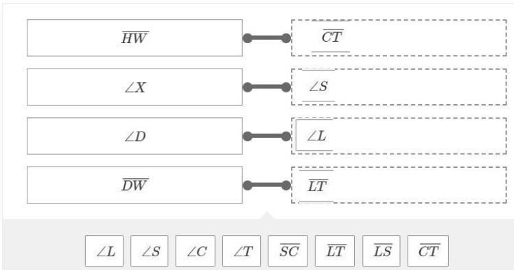 Quadrilateral DXHW∼quadrilateral LSCT Drag the answers into the boxes to match each-example-1