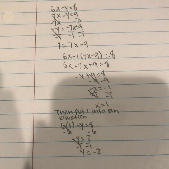 6x-y=8 7x-y=9 Solve linear systems by Multiplying first-example-1