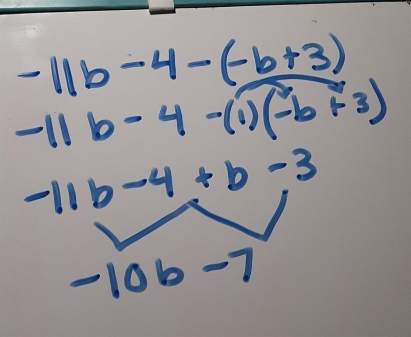 Subtract −b+3 ​​from −11b−4 ​. What is the answer? −10b−7 10b−7 10b+7 −12b−1-example-1