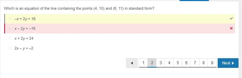 Which is an equation of the line containing the points (4, 10) and (6, 11) in standard-example-1