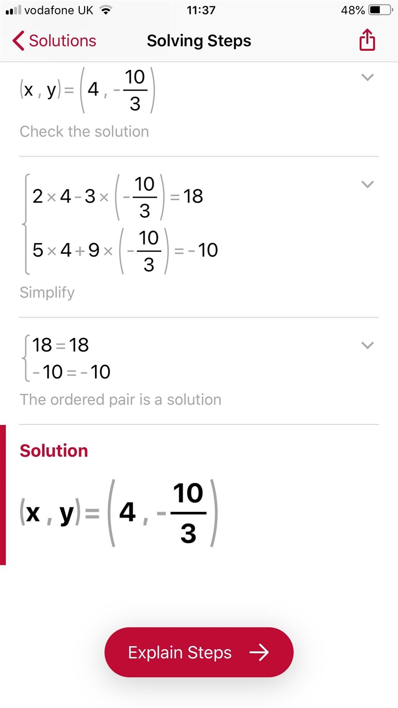 Solve the simultaneous equations 2x - 3y = 18 5x + 9y = -10​-example-1