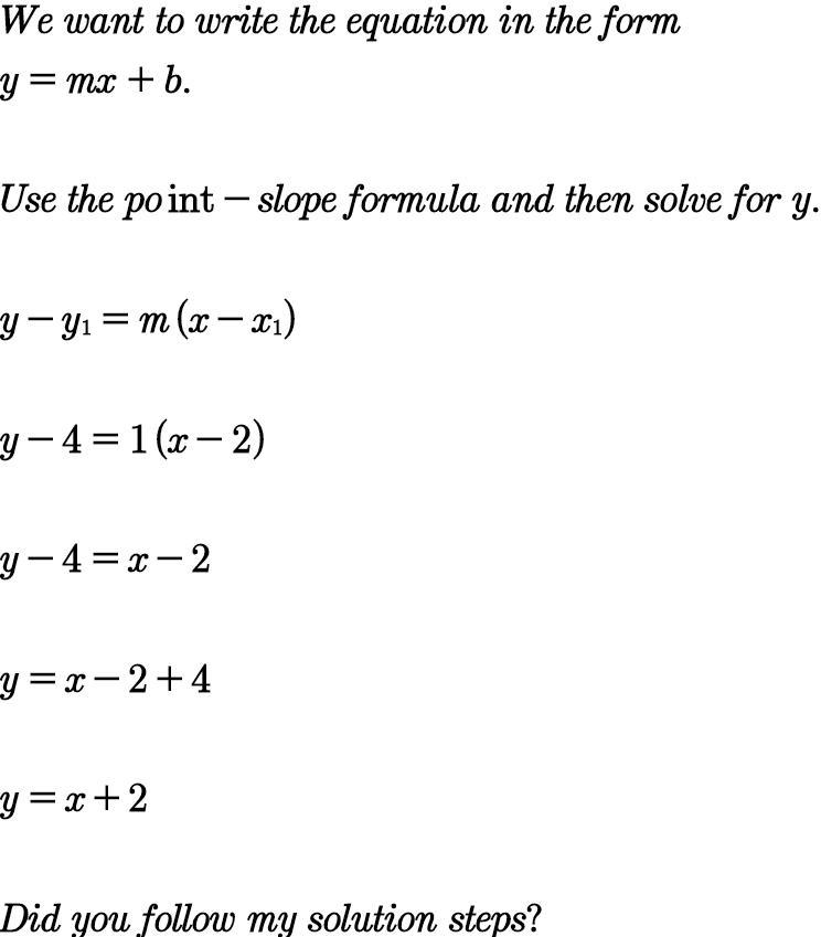 Write the slope intercept form of the equation of the line through the given point-example-1