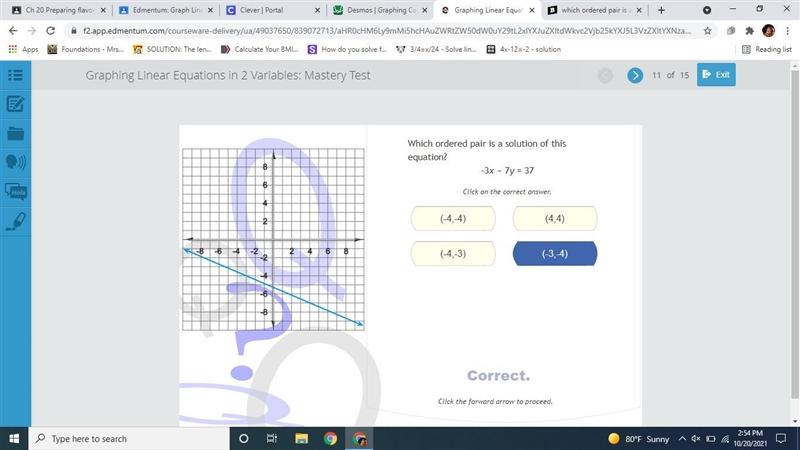 Which ordered pair is a solution of the equation -3x-7y=37-example-1