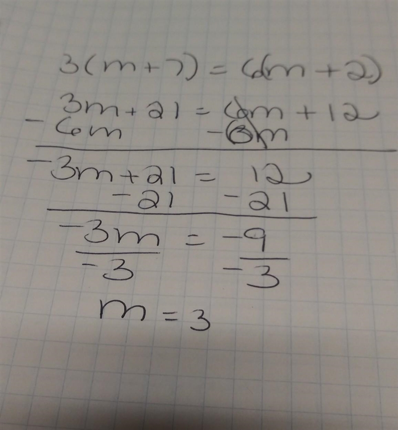 3(m+7)=6(m+2) what is m equal to?-example-1