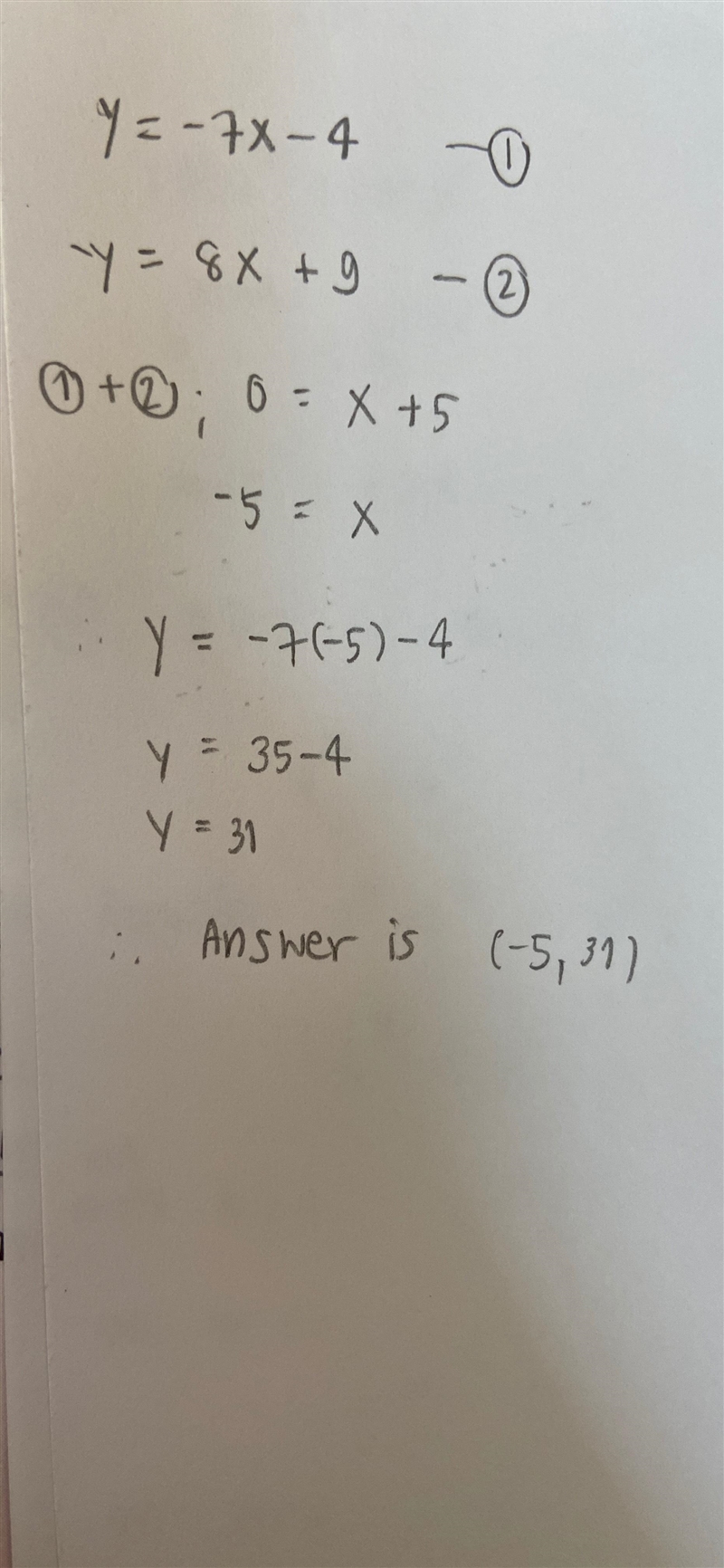 Find the point of intersection of the pair of straight lines Y= -7x - 4 -y = 8x + 9-example-1