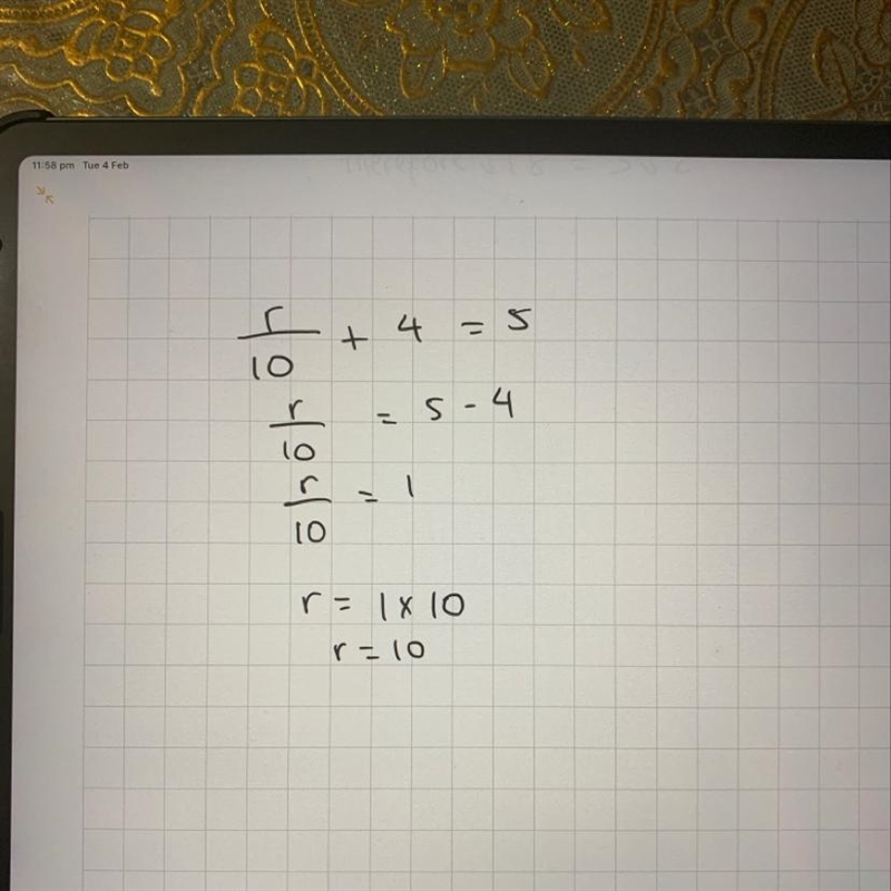 What is the answer to r/10+4=5-example-1