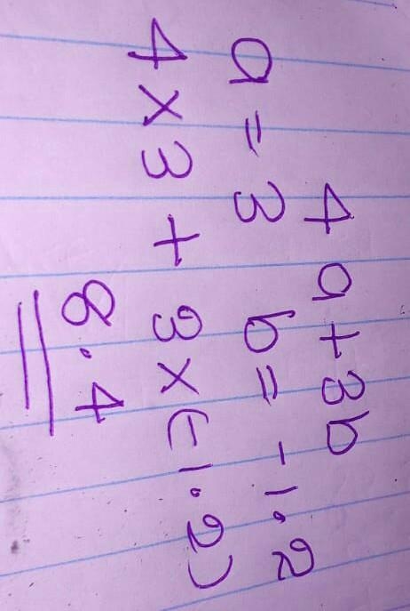 » Evaluate 4 a + 3 b when a = 3 and b= -1.2 4 (3) + 5 (-1.2)-example-1