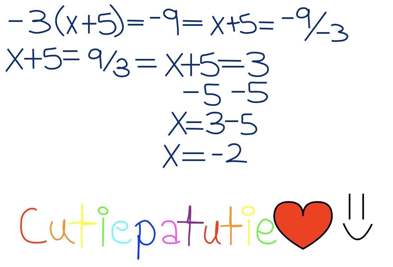 PLEASE HELP!! Solve -3(x+5)=-9 Enter your answer in the box. X= | |-example-1