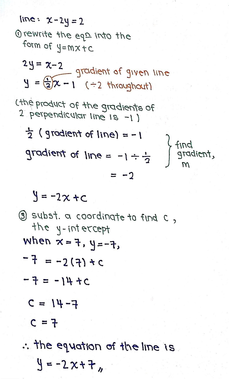 What is an equation of the line that passes through the point (7, -7) and is perpendidular-example-1