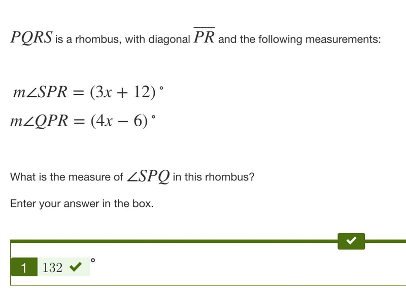 PQRS is a rhombus, with diagonal PR¯¯¯¯¯¯¯¯ and the following measurements: m∠SPR-example-1