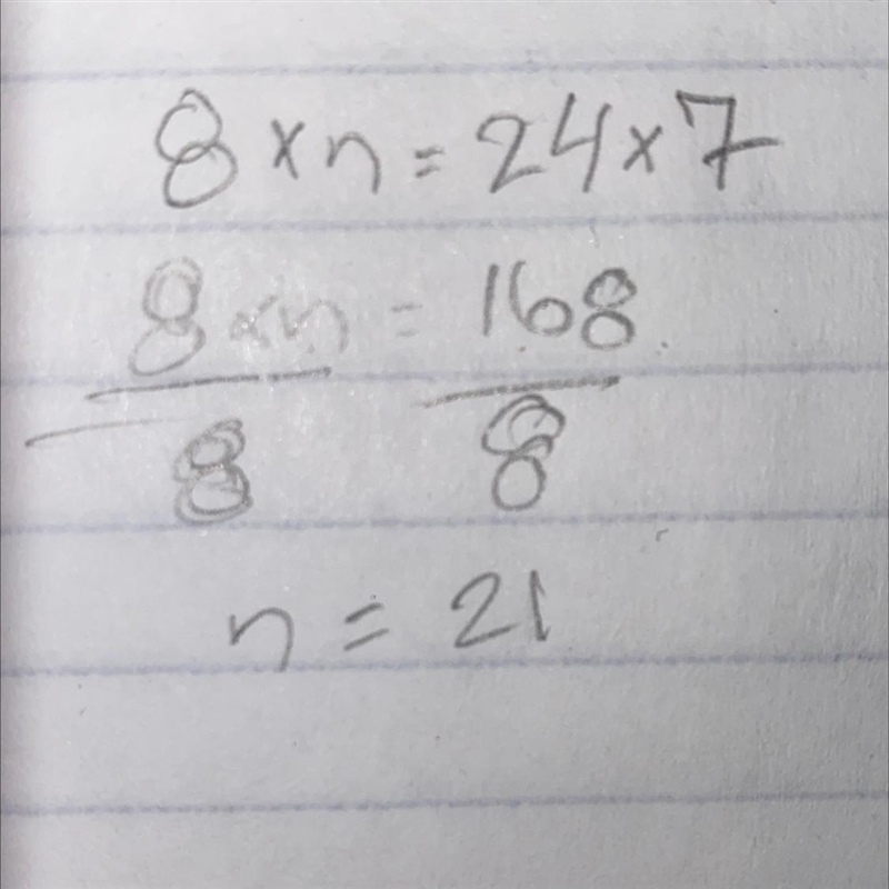 Find the unknown number in the equation 8 x n = 24 x 7. 7 8 21 24-example-1