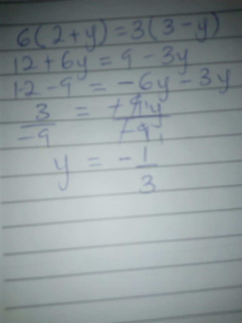 6(2+y)=3(3−y) y = ___ (type your answer as a number, "no solution" or &quot-example-1