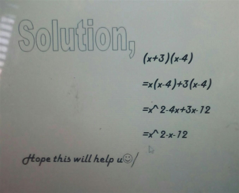 Multiply (x+3)(x-4) What is the middle term in the simplified product-example-1