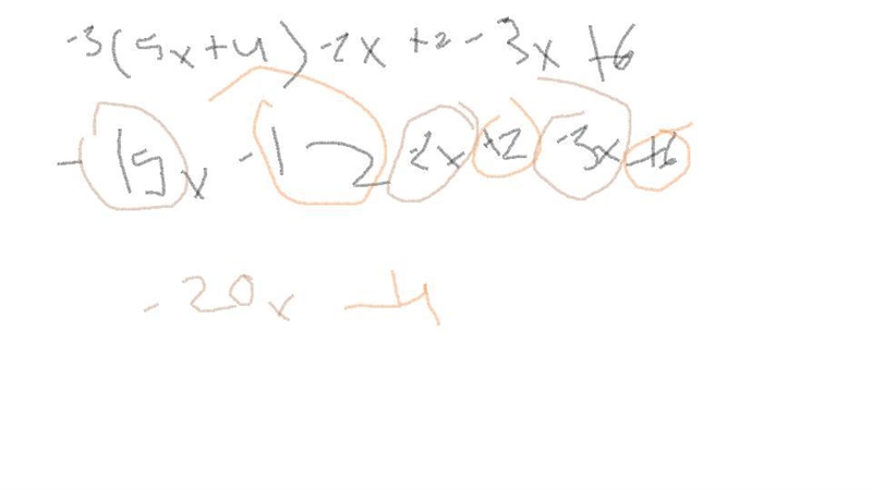 Combining like terms -3(5x+4)-(2x+2)-3x+6-example-1