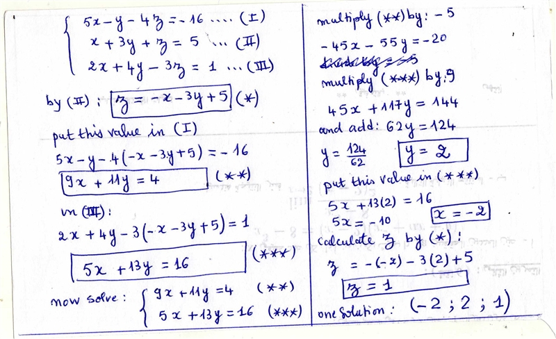 5x - y - 4z = -16 x + 3y+ z= 5 2x+ 4y - 3z= 1-example-1