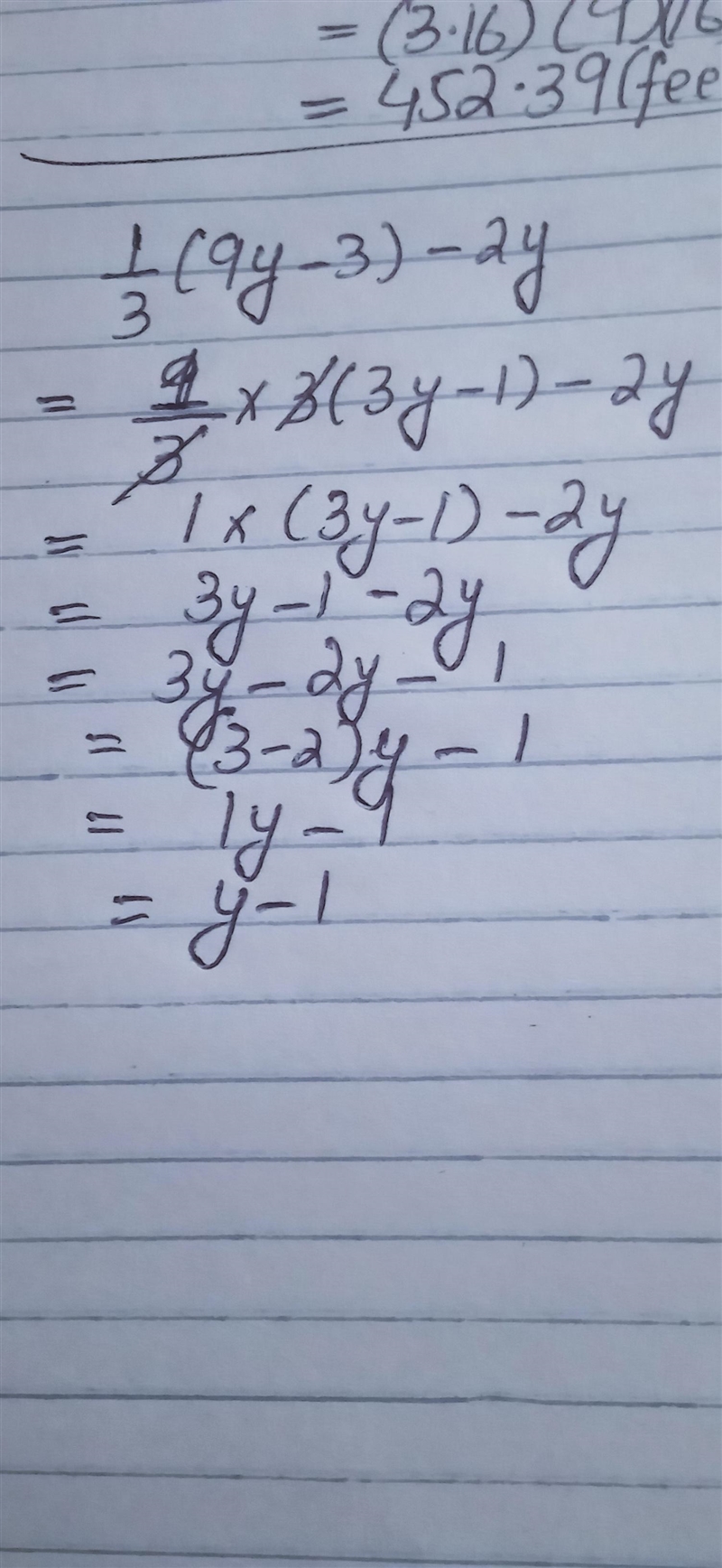 What is the coefficient of y when the expression 1/3(9y-3)-2y is simplified?-example-1