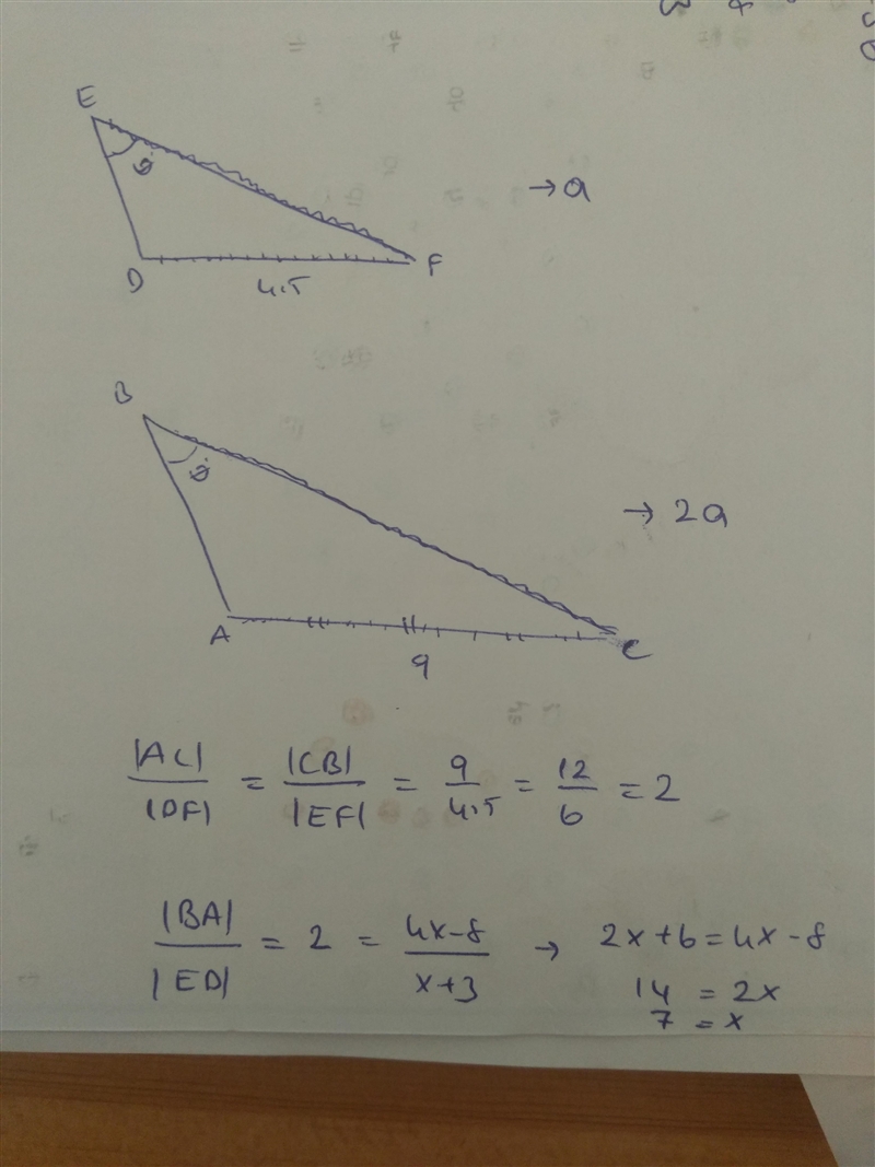 ∆ABC ~∆DEF, what is the value of x? two right triangles AC=9 DF=4.5 CB=12 FE=6 BA-example-1