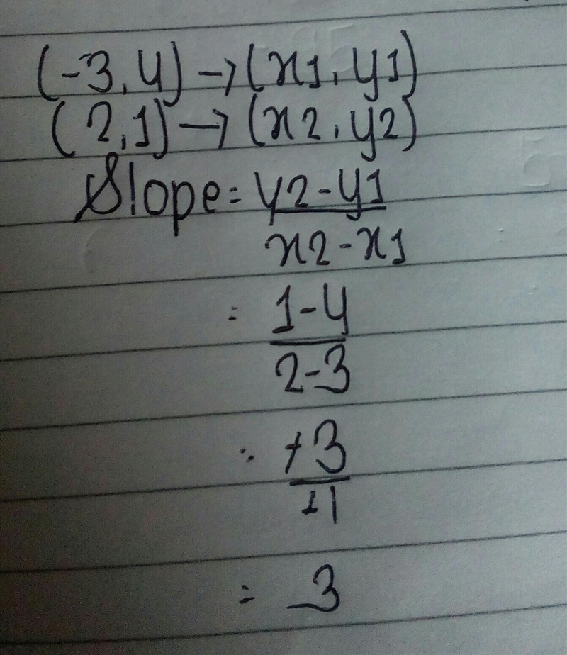 (-3,4),(2,1) find the slope of lines that contains the given points:​-example-1