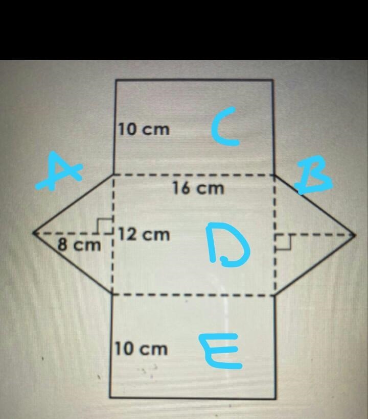 What is the surface area of the triangular prism represented by the net below? 640 cm-example-2