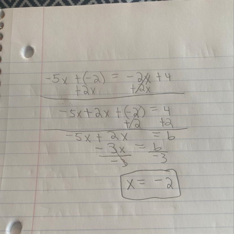 Follow these steps using the algebra tiles to solve the equation −5x + (−2) = −2x-example-1