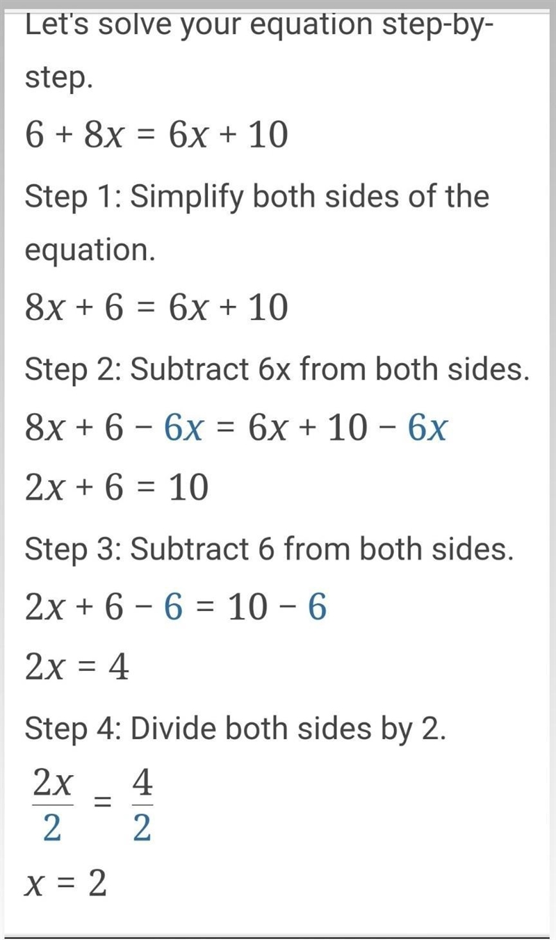 6 + 8x = 6x + 10. can somone plz solve this quick-example-1