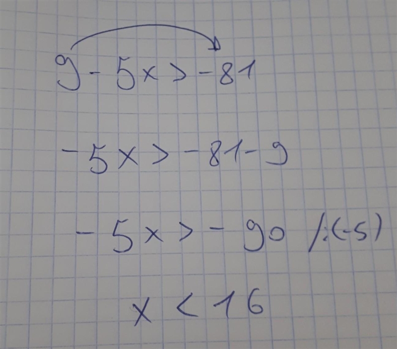 Please solve 9 - 5x > -81-example-1