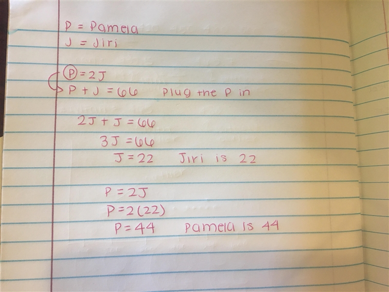 Problem PageQuestion Pamela's age is two times Jiri's age. The sum of their ages is-example-1