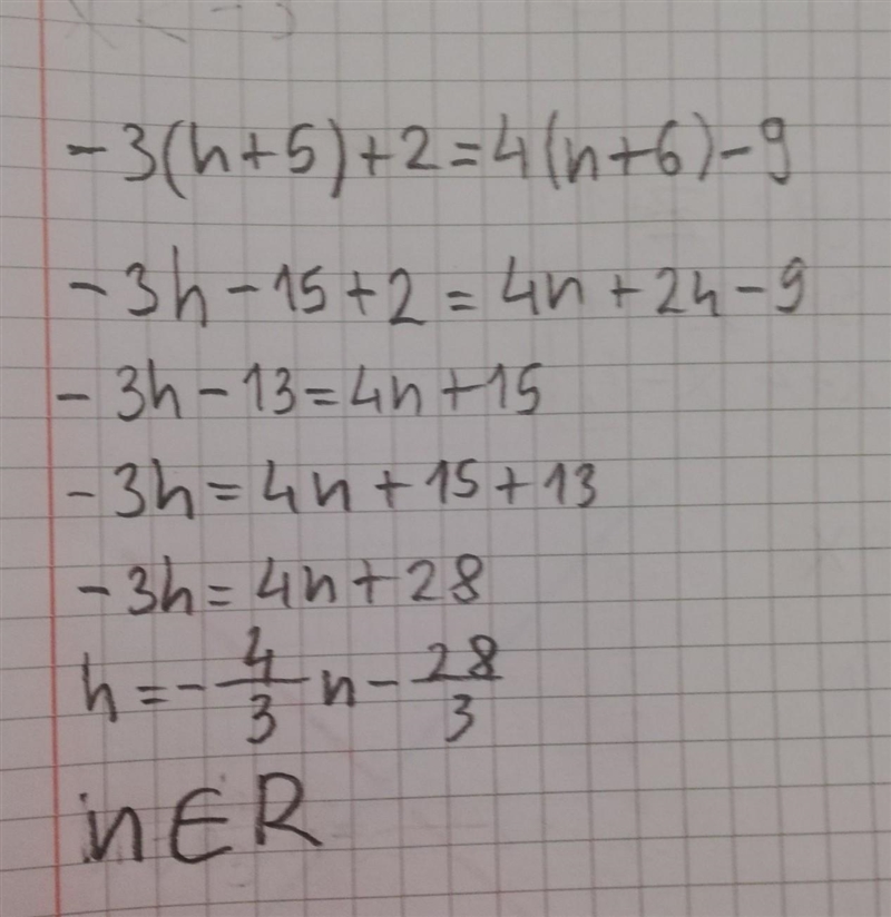 What is the solution to the equation -3(h+5)+2 = 4(n+6)-9-example-1