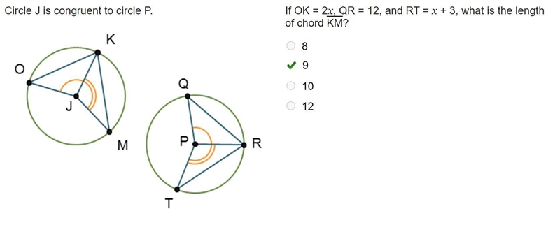 Finding the Length of a Chord Circle J is congruent to circle P. If OK = 2x, QR = 12, and-example-1