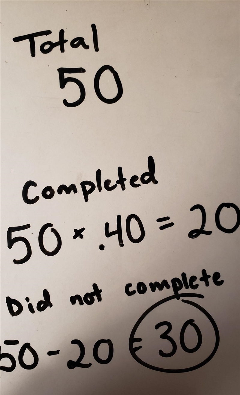 Mrs. Smith has 50 students in her math class. If 40% of the students completed the-example-1