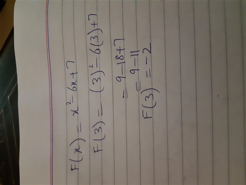 Evaluate the function at the given value F(x)= x^2 -6x + 7 at x=3-example-1