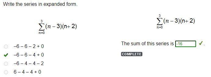 Write the series in expanded form. Š (n − 3)(n+ 2) 7 =0 -6-6-2+0 -6-6-4 +0 -6-4-4-2 6- 4 – 4 +0-example-1