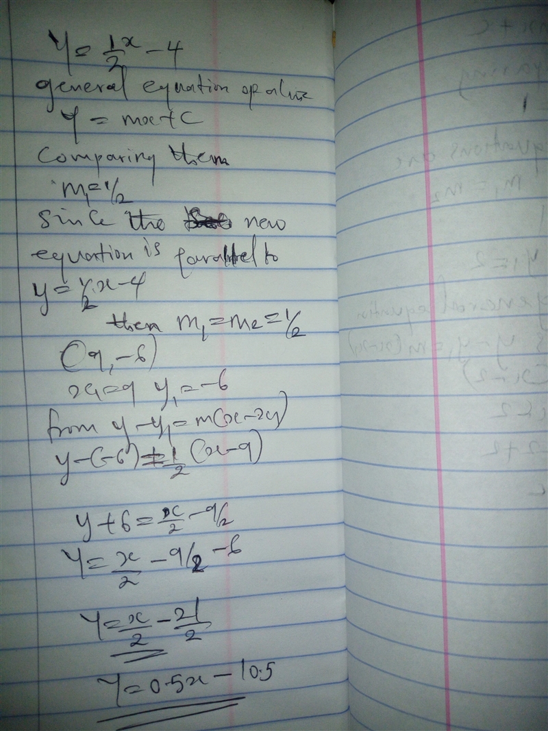 What is the equation of a line that is parallel to y =1/2x-4 and passes through the-example-1