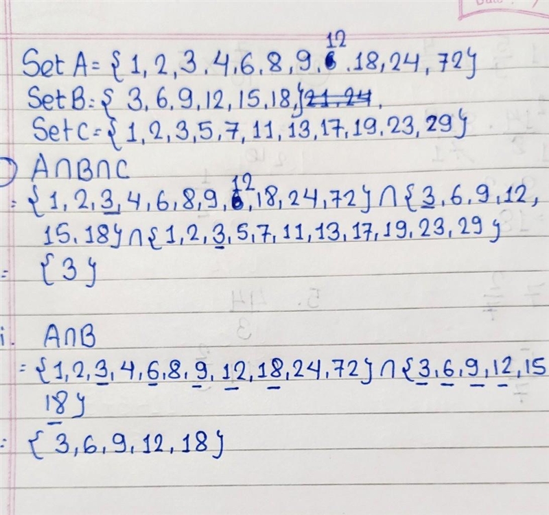 Set A = {factors of 72} set B ={multiples of 3 less than 20} set C ={prime numbers-example-1