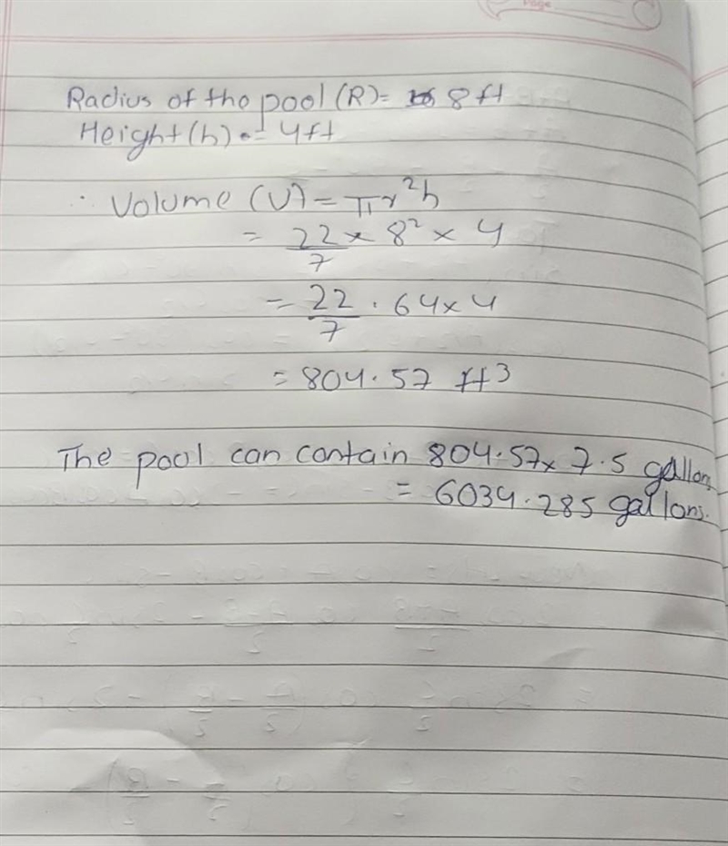 A cylindrical swimming pool has a diameter of 16 feet and a height of 4 feet. About-example-1