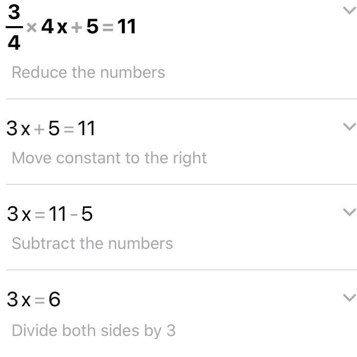 Explain how to solve the equation 3/4x+5=11-example-1